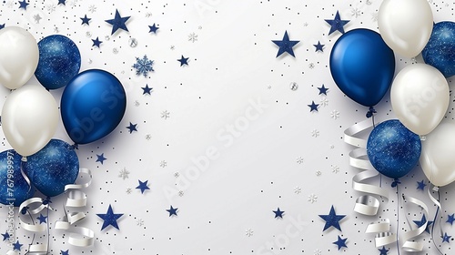 White background with blue and silver balloons,ribbons,snowflakes,stars, celebration,festivel.