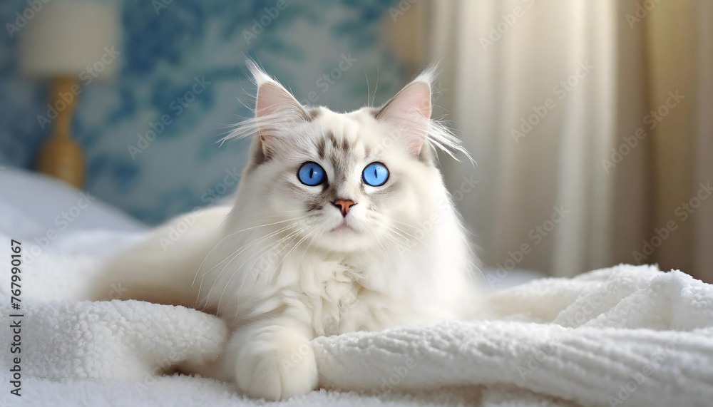 長毛の猫がベットルームで寛ぐ様子 長毛の猫がベットルームで寛ぐ様子