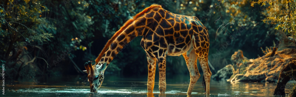 Fototapeta premium A giraffe is bending down to drink water from a river, with trees in the background