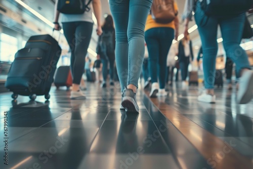 close up of people walking through an airport with luggage.