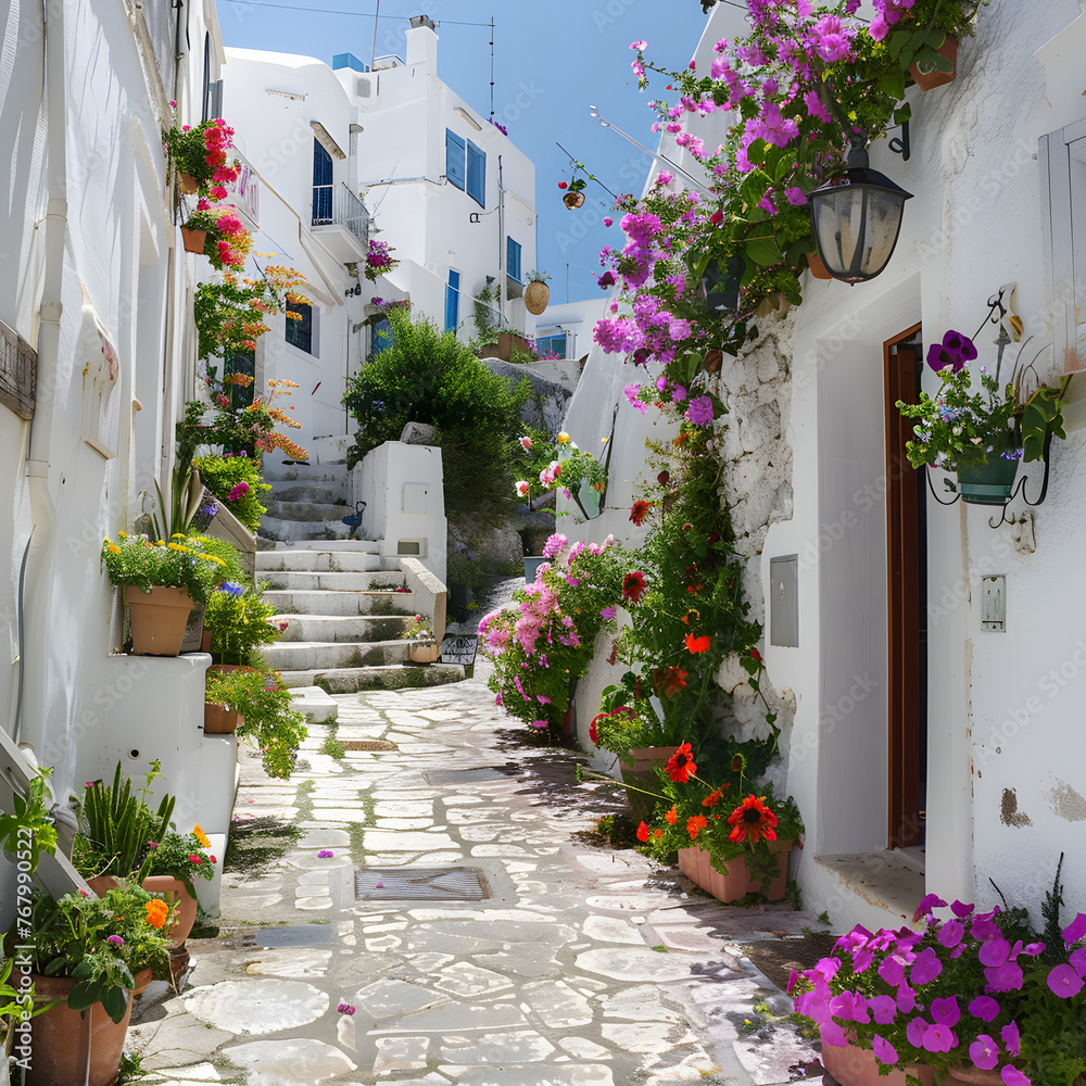 White buildings and colorful flowers, like a paiting.