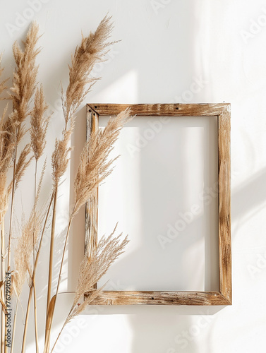 Wooden boho frame on white background mockup. Used as home interior decoration.