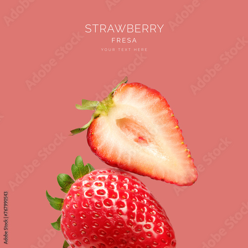 Creative layout made of strawberry on the pink background. Flat lay. Food concept. Macro  concept. 