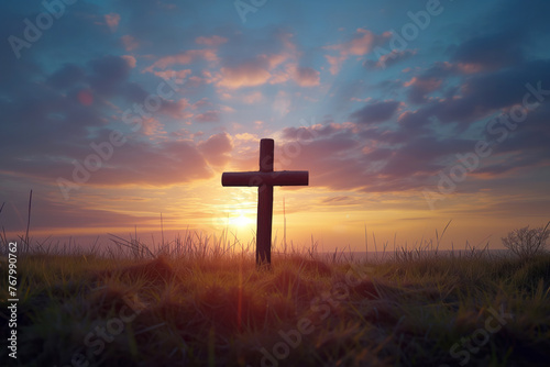 Symbolizing Crucifixion of Jesus Christ, Easter cross is seen at dawn AI Generative