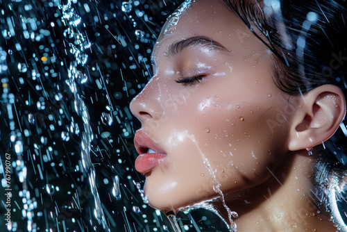 beautiful woman with her eyes closed and face wet from rain, her skin glowing under water droplets. The background is dark blue, creating contrast that highlights her features