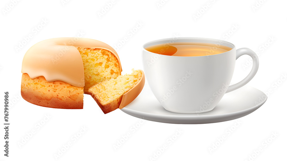 A PNG Cutout of a Bagel Cake Slice with a Cup of Tea Isolated on a Transparent Backdrop - PNG Cutout