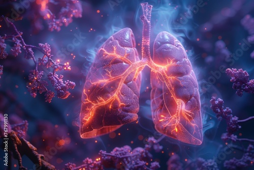 A medical 3D illustration of the heart and lungs interconnected by blood vessels, demonstrating the cardiovascular and respiratory