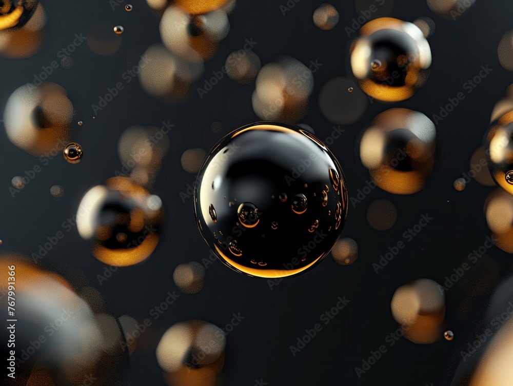 Minimalist black and gold design, abstract neon shapes floating ,3D render