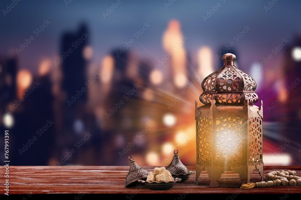 Lantern shine at night sky with city background