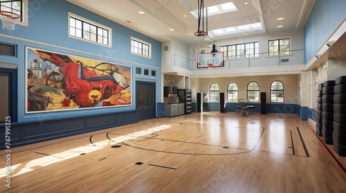 Light-filled indoor basketball court with vaulted ceilings, pro hardwood floors, digital scoreboards, and murals