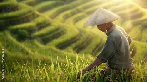 Vietnamese Farmer Harvesting Rice in Lush Terraced Paddy Field with Conical Hat and Serene Expression Capturing the Tradition and Hard Work of Asian