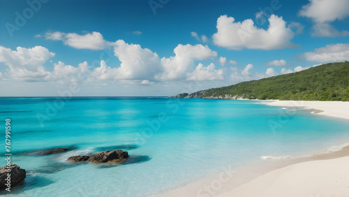 Photo real for A secluded beach with turquoise waters in Summer Season theme ,Full depth of field, clean bright tone, high quality ,include copy space, No noise, creative idea © Gohgah