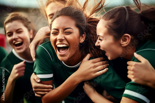 women female soccer football group of players celebrating a triumph win or winning a league, cup or tournament in a stadium by cheering in joy and punching the air elated in victory green kit photo