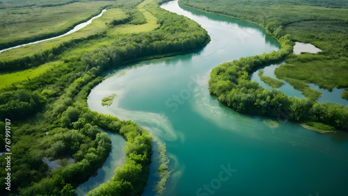 Photo real for Aerial view of a winding river through lush wetlands in Summer Season theme ,Full depth of field, clean bright tone, high quality ,include copy space, No noise, creative idea