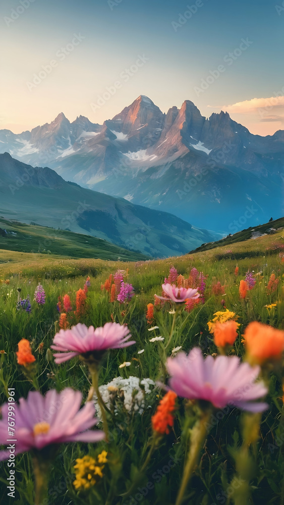 Photo real for Alpine meadow with wildflowers and a distant mountain range in Summer Season theme ,Full depth of field, clean bright tone, high quality ,include copy space, No noise, creative idea