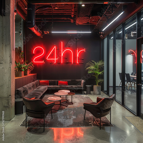 A minimalistic neon sign that simply states "24hr" in bold red against a sleek black wall