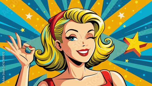 winking girl is showing ok sign with speech bubble