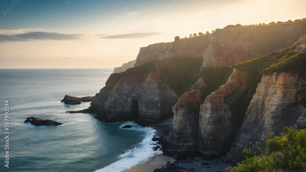 Photo real for Coastal cliffs overlooking the ocean during a calm summer evening in Summer Season theme ,Full depth of field, clean bright tone, high quality ,include copy space, No noise, creative id