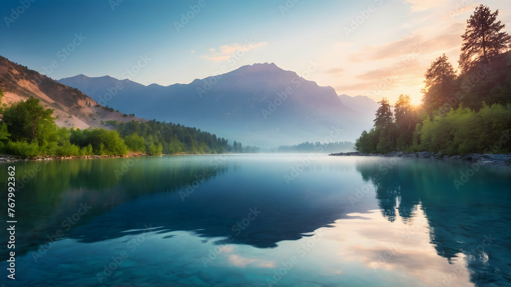 Photo real for Dawn breaking over a serene mountain lake in Summer Season theme ,Full depth of field, clean bright tone, high quality ,include copy space, No noise, creative idea