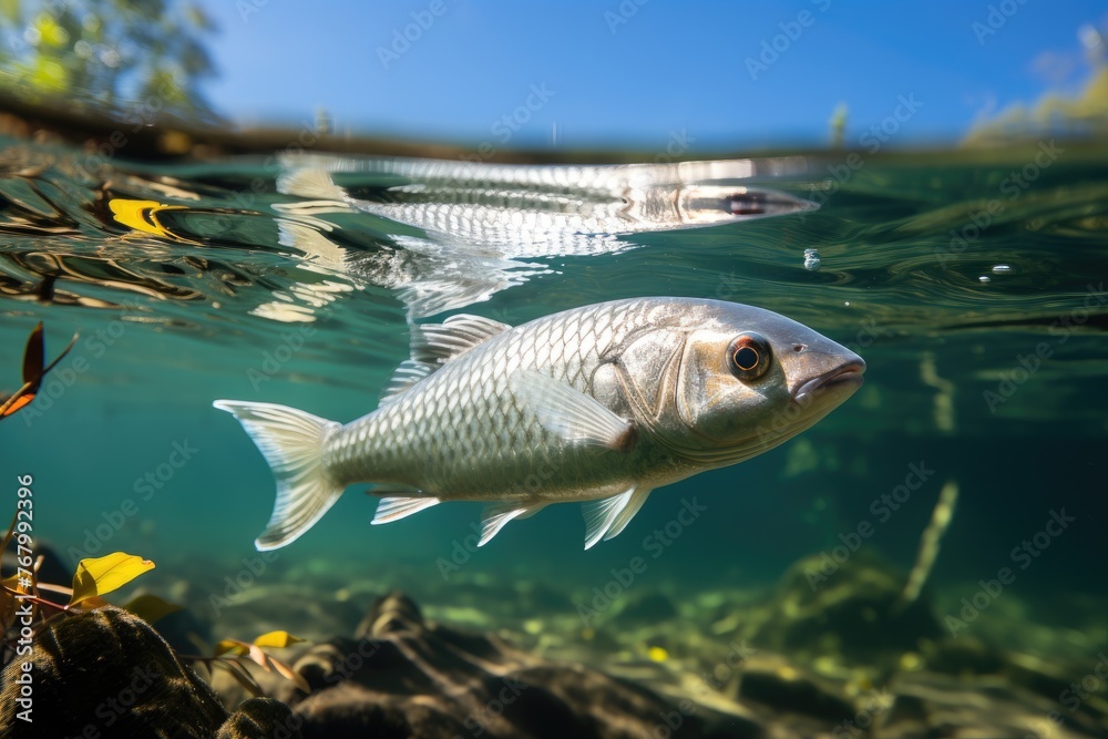 Lone fish sliding in quiet waters., generative IA Lone fish sliding in quiet waters., generative IA