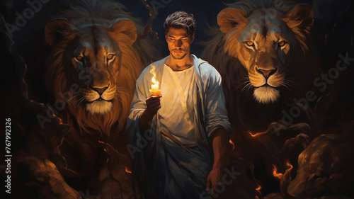 The lions lying docilely beside Daniel as he offers his prayers, depicting the profound tranquility and serenity that emanate from a steadfast connection to the divine photo