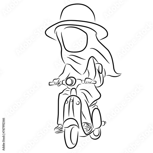 sketch of  hijab girl  riding a scooter