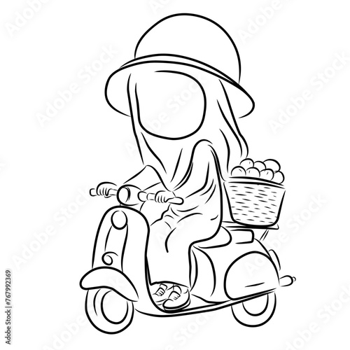 sketch of  hijab girl  riding a scooter