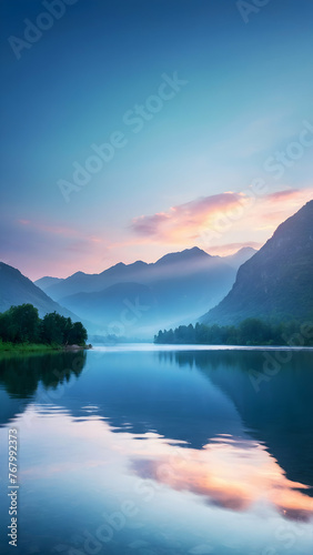 Photo real for Dawn breaking over a serene mountain lake in Summer Season theme ,Full depth of field, clean bright tone, high quality ,include copy space, No noise, creative idea