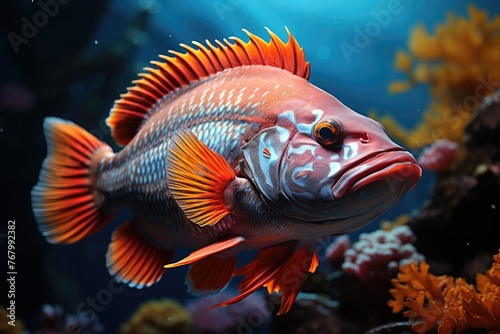 Silver fish in the ocean depths, surrounded by colorful marine life., generative IA