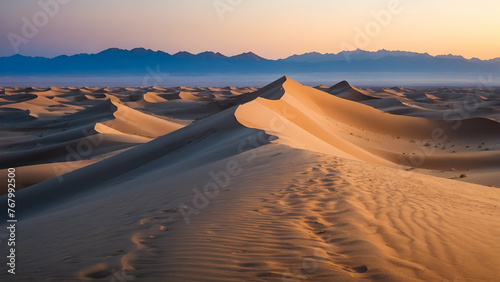 Photo real for Desert dunes at twilight during the hot summer months in Summer Season theme  Full depth of field  clean bright tone  high quality  include copy space  No noise  creative idea