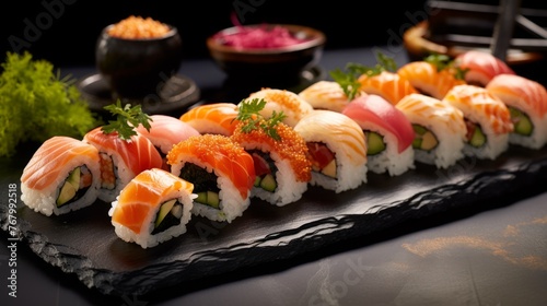 Traditional japanese Sushi roll set with salmon, avocado, cucumber and cream cheese on black stone background