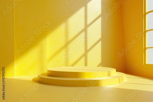 Modern trending lightweight yellow background for product presentation with shadow and light from windows. Empty podium