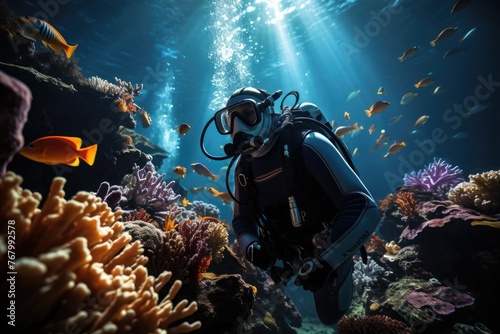 Colorful fish nothing next to an explorer diver in Recife., generative IA