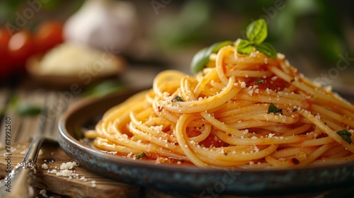 Tasty Spaghetti pasta with tomato sauce, parmesan cheese and basil on plate, closeup