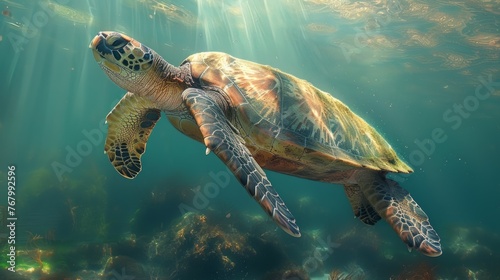 Turtle swimming in the water, close-up view of the underwater world