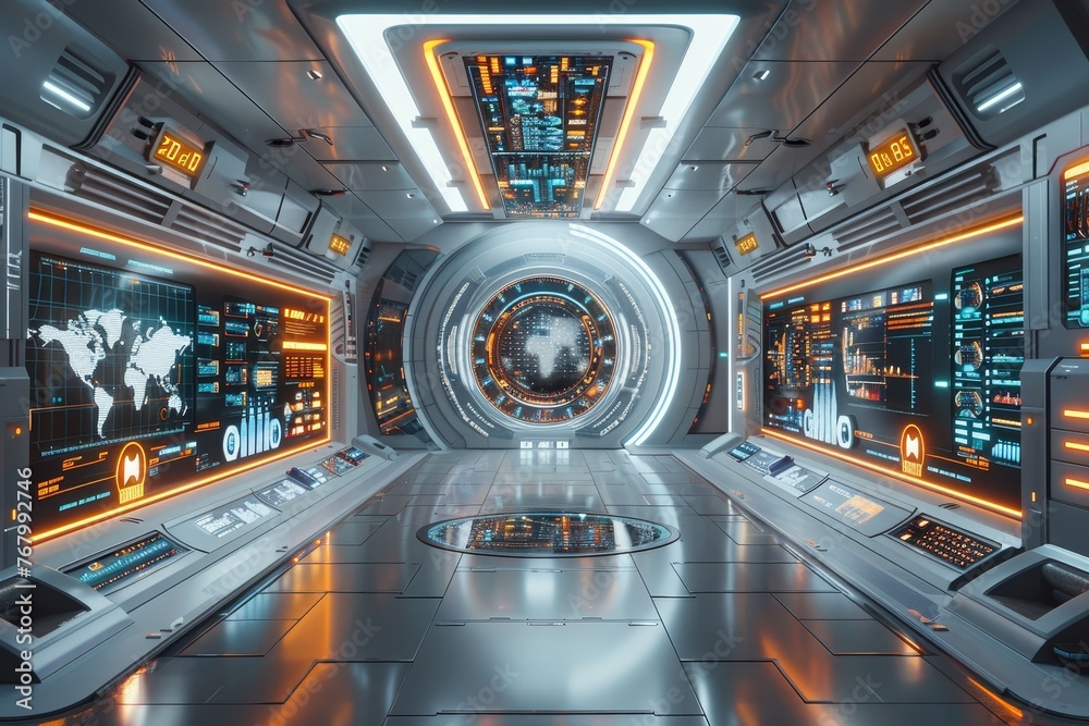 An artistic 3D render of a futuristic corporate office with advanced technology and digital interfaces for financial transaction An artistic 3D render of a futuristic corporate office with advanced technology and digital interfaces for financial transaction
