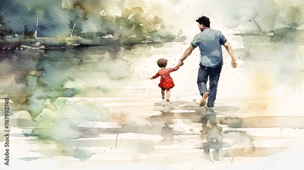 Fototapeta premium A man and a child are walking together.