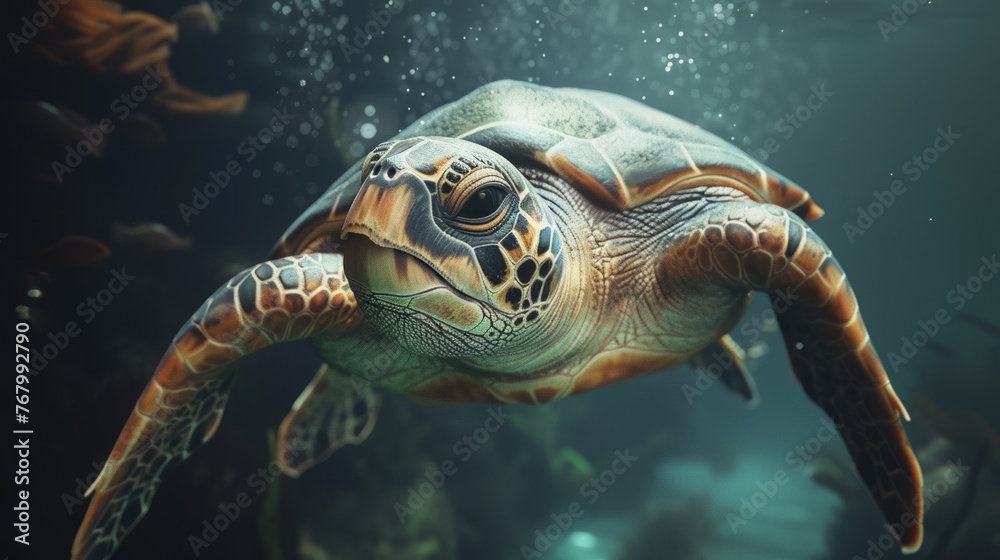Fototapeta premium Sea turtle swimming in the ocean. Underwater world.