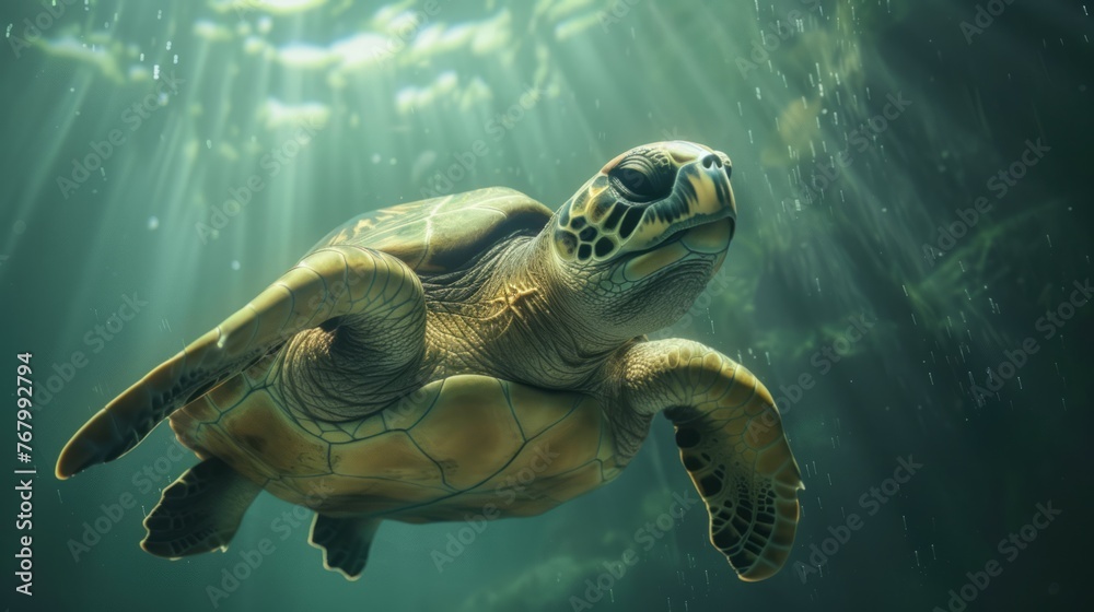 Fototapeta premium Sea turtle swimming in the ocean. Underwater world.