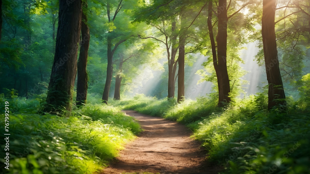 Photo real for Lush green forest path dappled with sunlight in Summer Season theme ,Full depth of field, clean bright tone, high quality ,include copy space, No noise, creative idea