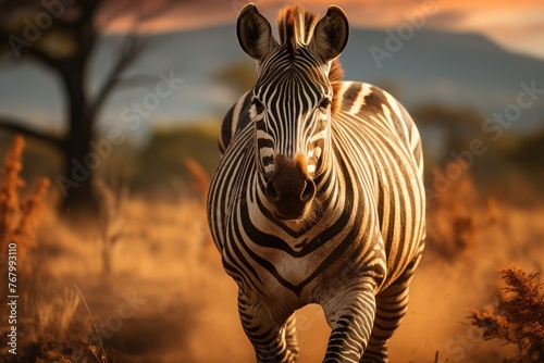 Zebra graphically troting in the Poeirent Savana., generative IA