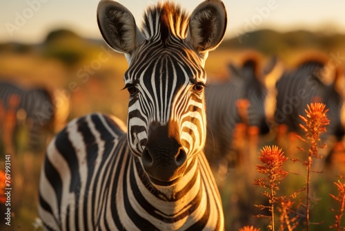 Zebra curiously interacting in the scene of Savana.  generative IA