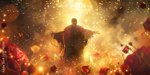 King walking on roses of lights - The king stands with open arms, surrounded by flowing dust, transparent liquids, smoke and metallic paint splashes created with Generative AI Technology