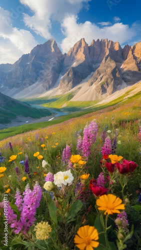 Photo real for Mountain range with wildflowers blooming in the summer in Summer Season theme ,Full depth of field, clean bright tone, high quality ,include copy space, No noise, creative idea © Gohgah