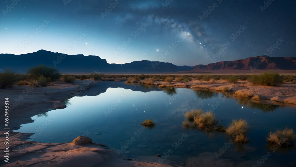 Photo real for Night sky reflecting on a calm desert oasis in Summer Season theme ,Full depth of field, clean bright tone, high quality ,include copy space, No noise, creative idea
