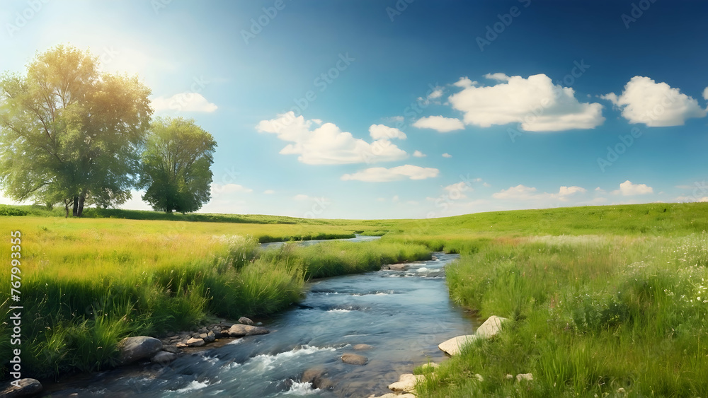 Photo real for Peaceful meadow with a babbling brook under the summer sky in Summer Season theme ,Full depth of field, clean bright tone, high quality ,include copy space, No noise, creative idea Photo real for Peaceful meadow with a babbling brook under the summer sky in Summer Season theme ,Full depth of field, clean bright tone, high quality ,include copy space, No noise, creative idea