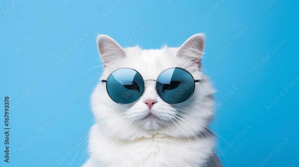 Cute white cat wearing sunglasses on blue background. Copy space.
