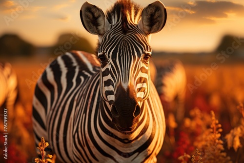 Zebra stands out in a group of wild animals in the savannah., generative IA
