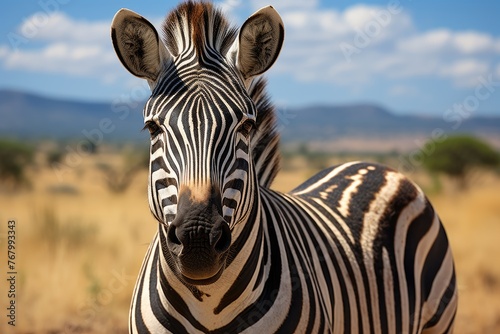 Elegant zebra displays her stripes in the African savannah.  generative IA