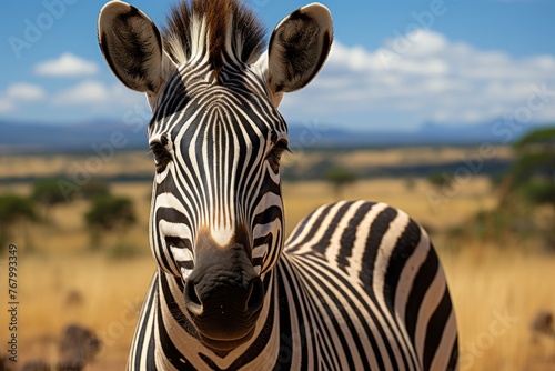 Elegant zebra displays her stripes in the African savannah.  generative IA